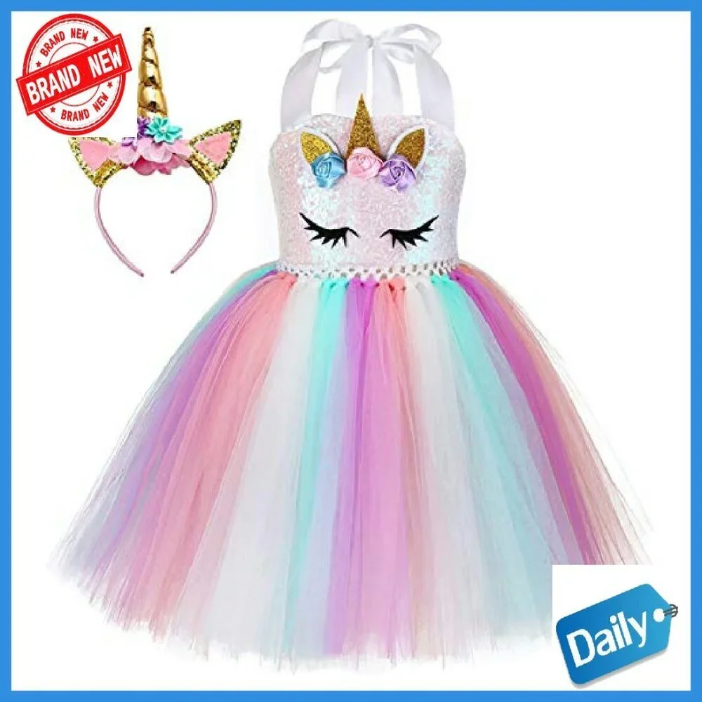 Sequin Unicorn Dress with Headband Girls 1-10Y Birthday Party Costume